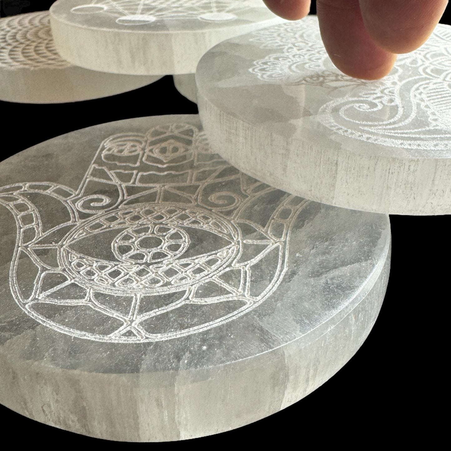 Selenite discs slices sacred geometry and symbols