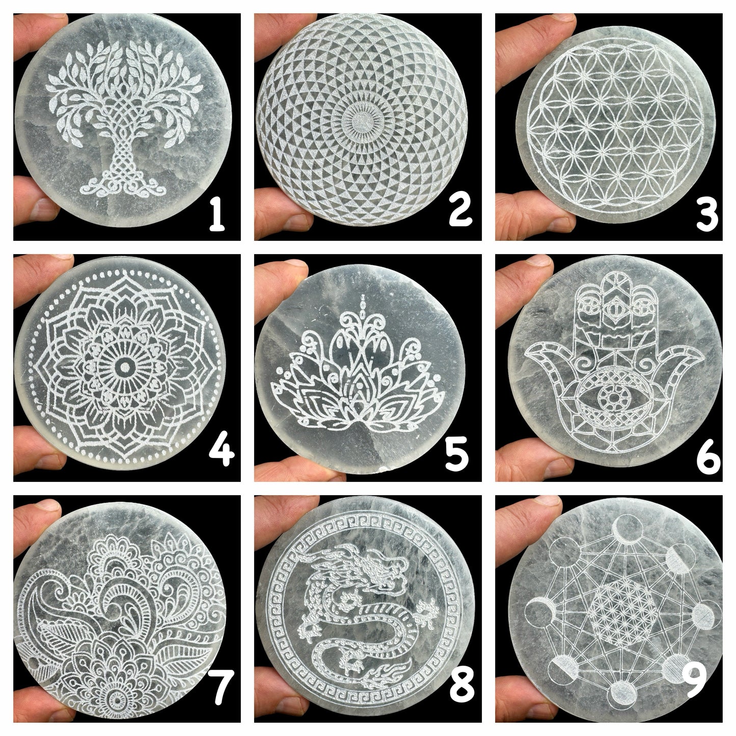 Selenite discs slices sacred geometry and symbols