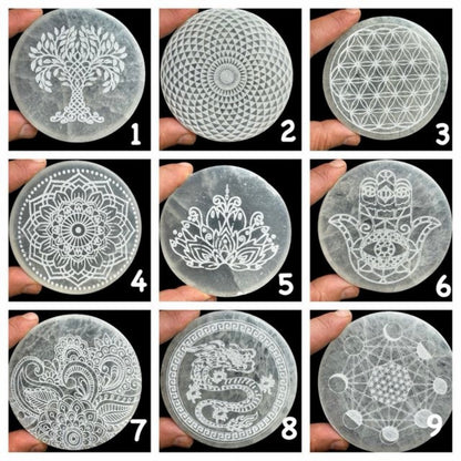 Selenite Flower of Life plaque and other symbols