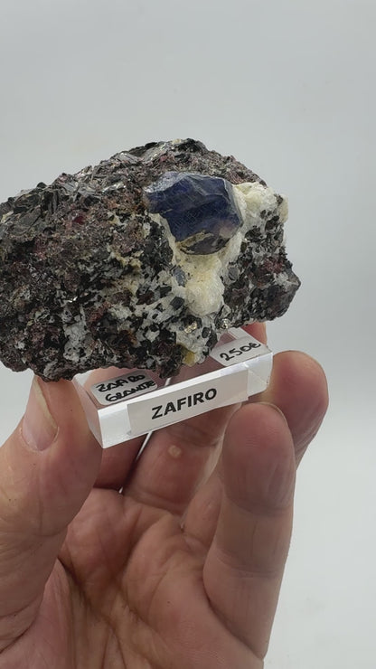 Blue sapphire in a garnet cluster